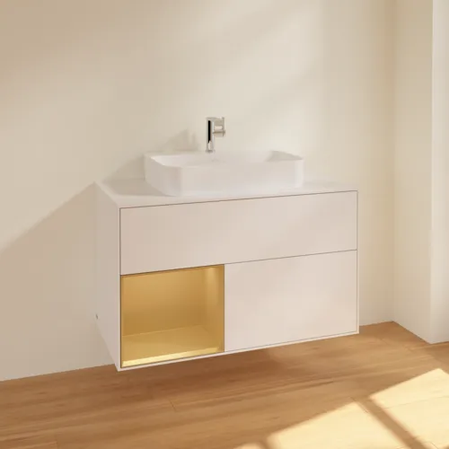 VILLEROY BOCH Toaletní skříňka Finion, s osvětlením, 2 výsuvy, 1000 x 603 x 501 mm, lesklý bílý lak / zlatý matný lak / bílé matné sklo #F361HFGF, obrázek 2