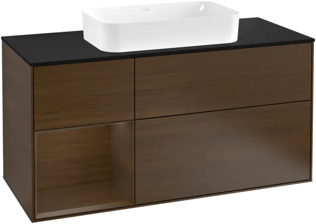 VILLEROY BOCH Toaletní skříňka Finion, s osvětlením, 3 výsuvy, 1200 x 603 x 501 mm, ořechová dýha / ořechová dýha / sklo černé matné #F292GNGN