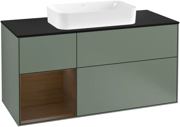 VILLEROY BOCH Toaletní skříňka Finion, s osvětlením, 3 výsuvy, 1200 x 603 x 501 mm, olivový matný lak / ořechová dýha / černé matné sklo #F292GNGM