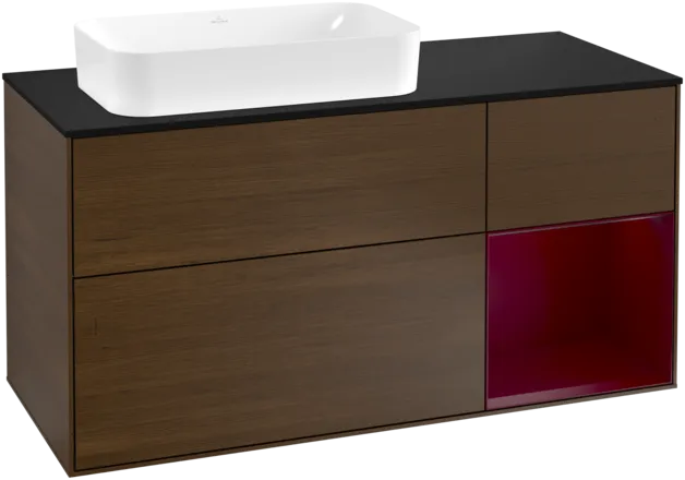 VILLEROY BOCH Toaletní skříňka Finion, s osvětlením, 3 výsuvy, 1200 x 603 x 501 mm, ořechová dýha / matný lak Pivoňka / černé matné sklo #F282HBGN