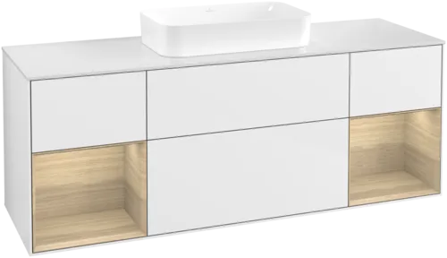 VILLEROY BOCH Toaletní skříňka Finion, s osvětlením, 4 výsuvy, 1600 x 603 x 501 mm, lesklý bílý lak / dubová dýha / sklo bílé matné #F741PCGF