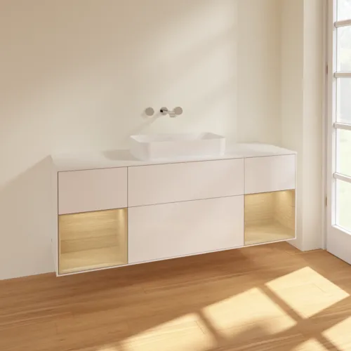 VILLEROY BOCH Toaletní skříňka Finion, s osvětlením, 4 výsuvy, 1600 x 603 x 501 mm, lesklý bílý lak / dubová dýha / sklo bílé matné #F741PCGF, obrázek 2