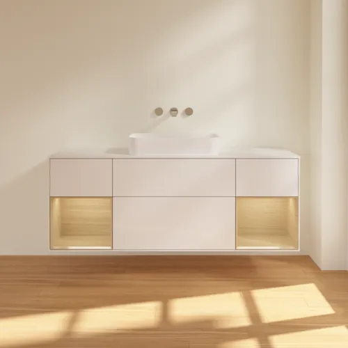 VILLEROY BOCH Toaletní skříňka Finion, s osvětlením, 4 výsuvy, 1600 x 603 x 501 mm, lesklý bílý lak / dubová dýha / sklo bílé matné #F741PCGF, obrázek 3