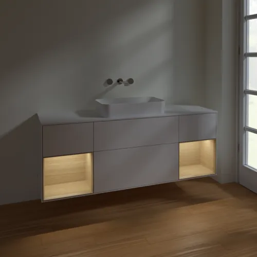 VILLEROY BOCH Toaletní skříňka Finion, s osvětlením, 4 výsuvy, 1600 x 603 x 501 mm, lesklý bílý lak / dubová dýha / sklo bílé matné #F741PCGF, obrázek 5