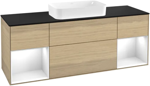 VILLEROY BOCH Toaletní skříňka Finion, s osvětlením, 4 výsuvy, 1600 x 603 x 501 mm, dubová dýha / lesklý bílý lak / sklo černé matné #F332GFPC