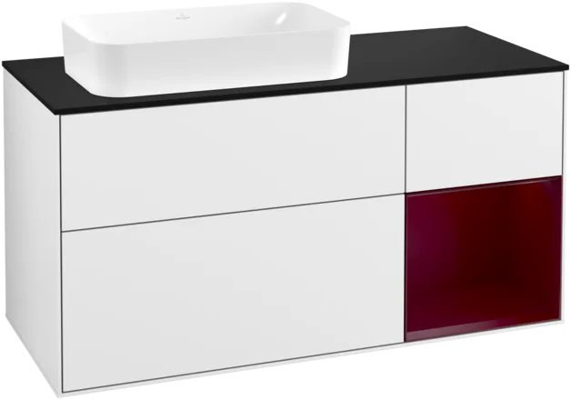 VILLEROY BOCH Toaletní skříňka Finion, s osvětlením, 3 výsuvy, 1200 x 603 x 501 mm, lesklý bílý lak / matný lak Pivoňka / matné černé sklo #F282HBGF