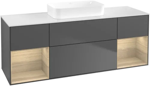 VILLEROY BOCH Toaletní skříňka Finion, s osvětlením, 4 výsuvy, 1600 x 603 x 501 mm, antracit matný lak / dubová dýha / sklo bílé matné #F741PCGK