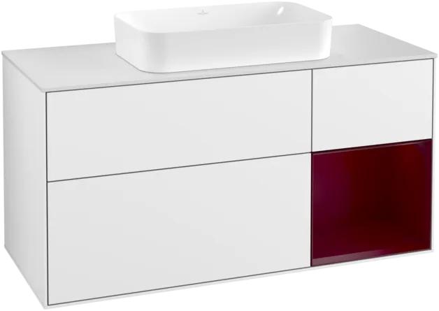 VILLEROY BOCH Toaletní skříňka Finion, s osvětlením, 3 výsuvy, 1200 x 603 x 501 mm, lesklý bílý lak / matný lak Pivoňka / matné bílé sklo #F301HBGF