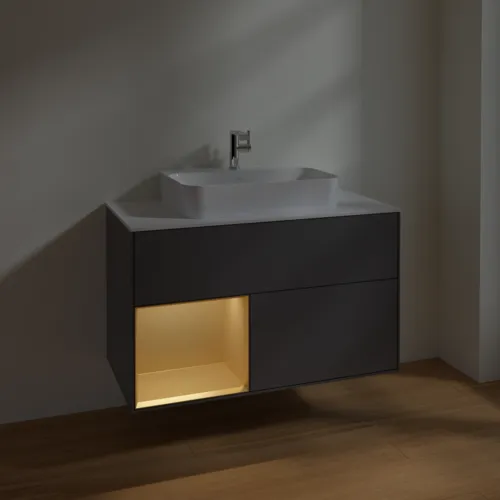 VILLEROY BOCH Toaletní skříňka Finion, s osvětlením, 2 výsuvy, 1000 x 603 x 501 mm, antracitový matný lak / zlatý matný lak / bílé matné sklo #F361HFGK, obrázek 5