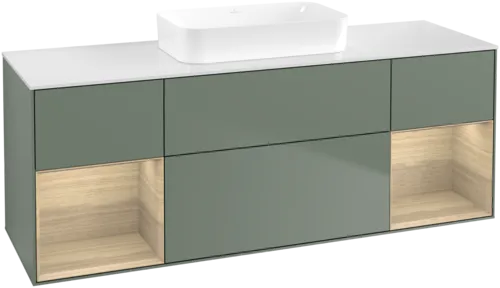 VILLEROY BOCH Toaletní skříňka Finion, s osvětlením, 4 výsuvy, 1600 x 603 x 501 mm, olivový matný lak / dubová dýha / sklo bílé matné #F741PCGM