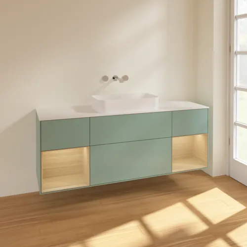 VILLEROY BOCH Toaletní skříňka Finion, s osvětlením, 4 výsuvy, 1600 x 603 x 501 mm, olivový matný lak / dubová dýha / sklo bílé matné #F741PCGM, obrázek 2