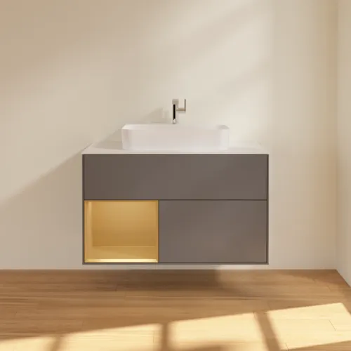 VILLEROY BOCH Toaletní skříňka Finion, s osvětlením, 2 výsuvy, 1000 x 603 x 501 mm, antracitový matný lak / zlatý matný lak / bílé matné sklo #F361HFGK, obrázek 3