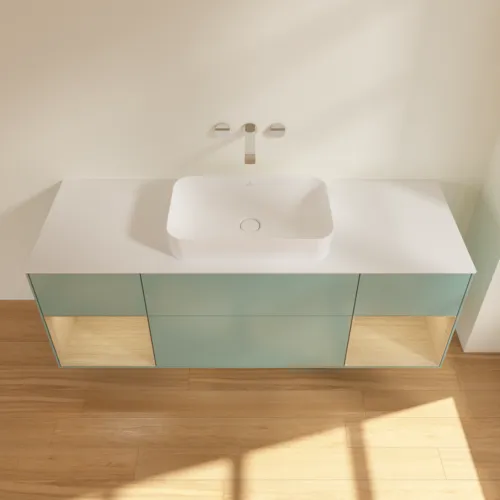VILLEROY BOCH Toaletní skříňka Finion, s osvětlením, 4 výsuvy, 1600 x 603 x 501 mm, olivový matný lak / dubová dýha / sklo bílé matné #F741PCGM, obrázek 4