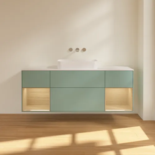 VILLEROY BOCH Toaletní skříňka Finion, s osvětlením, 4 výsuvy, 1600 x 603 x 501 mm, olivový matný lak / dubová dýha / sklo bílé matné #F741PCGM, obrázek 3
