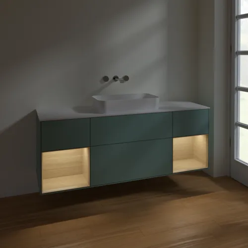 VILLEROY BOCH Toaletní skříňka Finion, s osvětlením, 4 výsuvy, 1600 x 603 x 501 mm, olivový matný lak / dubová dýha / sklo bílé matné #F741PCGM, obrázek 5
