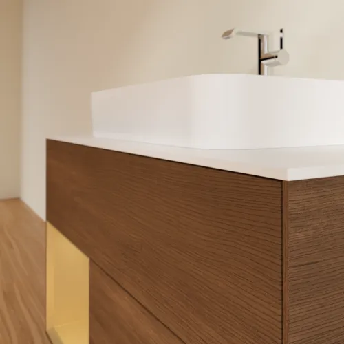 VILLEROY BOCH Toaletní stolek Finion, s osvětlením, 2 výsuvy, 1000 x 603 x 501 mm, ořechová dýha / zlatý matný lak / sklo bílé matné #F361HFGN, obrázek 6