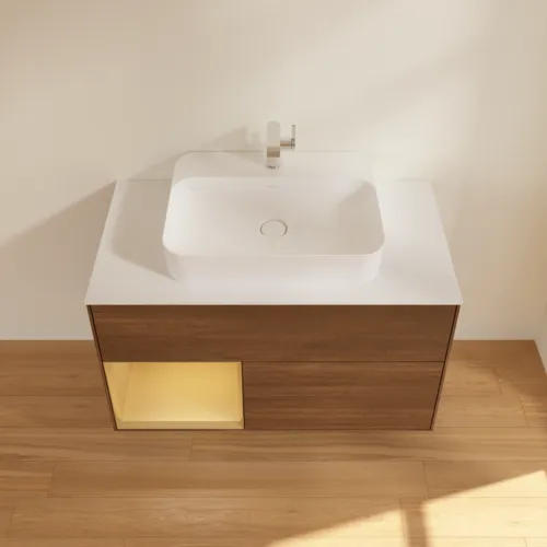VILLEROY BOCH Toaletní stolek Finion, s osvětlením, 2 výsuvy, 1000 x 603 x 501 mm, ořechová dýha / zlatý matný lak / sklo bílé matné #F361HFGN, obrázek 4