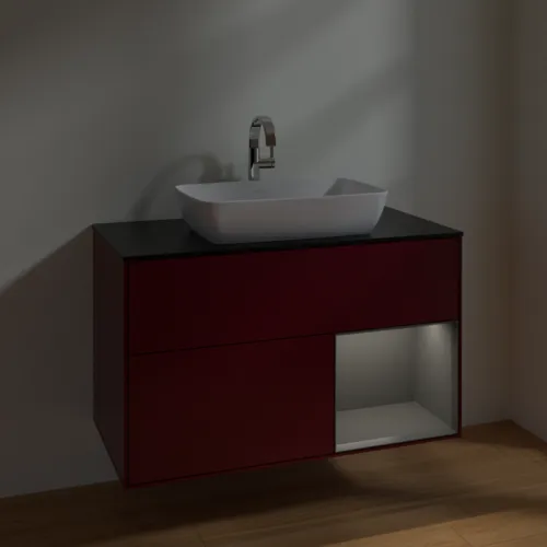 VILLEROY BOCH Toaletní skříňka Finion, s osvětlením, 2 výsuvy, 1000 x 603 x 501 mm, Pivoňka matný lak / Antracit matný lak / Sklo černé matné #F782GKHB, obrázek 5