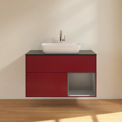 VILLEROY BOCH Toaletní skříňka Finion, s osvětlením, 2 výsuvy, 1000 x 603 x 501 mm, Pivoňka matný lak / Antracit matný lak / Sklo černé matné #F782GKHB, obrázek 3