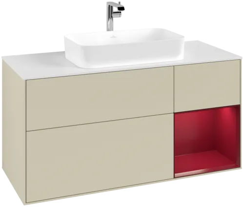 VILLEROY BOCH Toaletní skříňka Finion, s osvětlením, 3 výsuvy, 1200 x 603 x 501 mm, Silk Grey Matt Lacquer / Peony Matt Lacquer / Glass White Matt #F301HBHJ