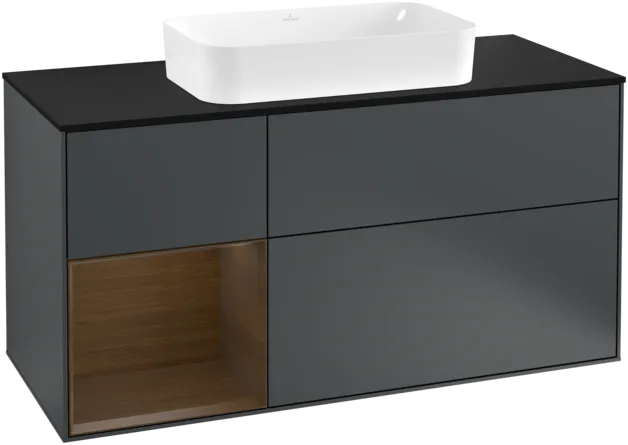 VILLEROY BOCH Toaletní skříňka Finion, s osvětlením, 3 výsuvy, 1200 x 603 x 501 mm, půlnočně modrý matný lak / ořechová dýha / černé matné sklo #F292GNHG