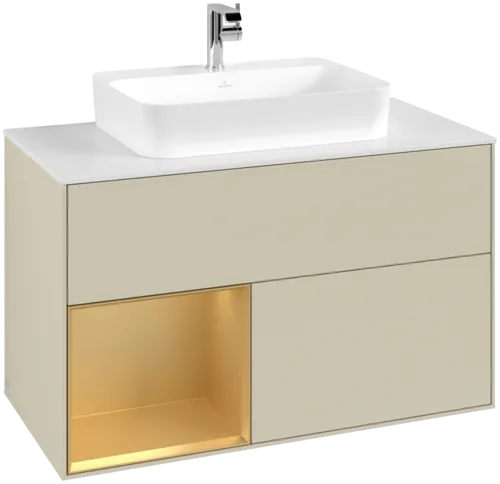 VILLEROY BOCH Toaletní skříňka Finion, s osvětlením, 2 výsuvy, 1000 x 603 x 501 mm, Silk Grey Matt Lacquer / Gold Matt Lacquer / Glass White Matt #F361HFHJ