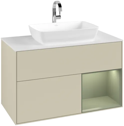 VILLEROY BOCH Toaletní skříňka Finion, s osvětlením, 2 výsuvy, 1000 x 603 x 501 mm, hedvábně šedý matný lak / olivový matný lak / bílé matné sklo #F781GMHJ
