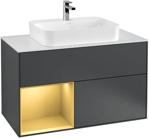 VILLEROY BOCH Toaletní skříňka Finion, s osvětlením, 2 výsuvy, 1000 x 603 x 501 mm, Midnight Blue Matt Lacquer / Gold Matt Lacquer / Glass White Matt #F361HFHG