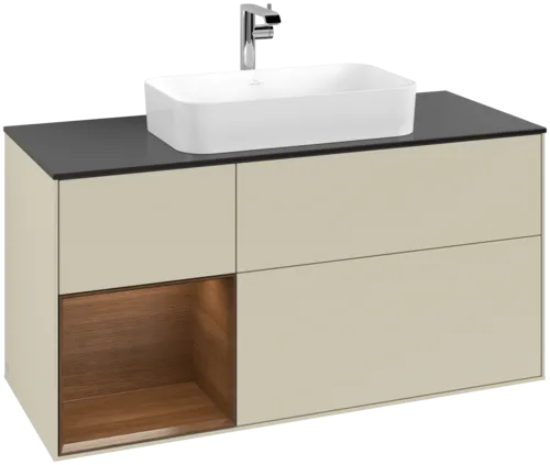 VILLEROY BOCH Toaletní skříňka Finion, s osvětlením, 3 výsuvy, 1200 x 603 x 501 mm, hedvábně šedý matný lak / ořechová dýha / černé matné sklo #F292GNHJ