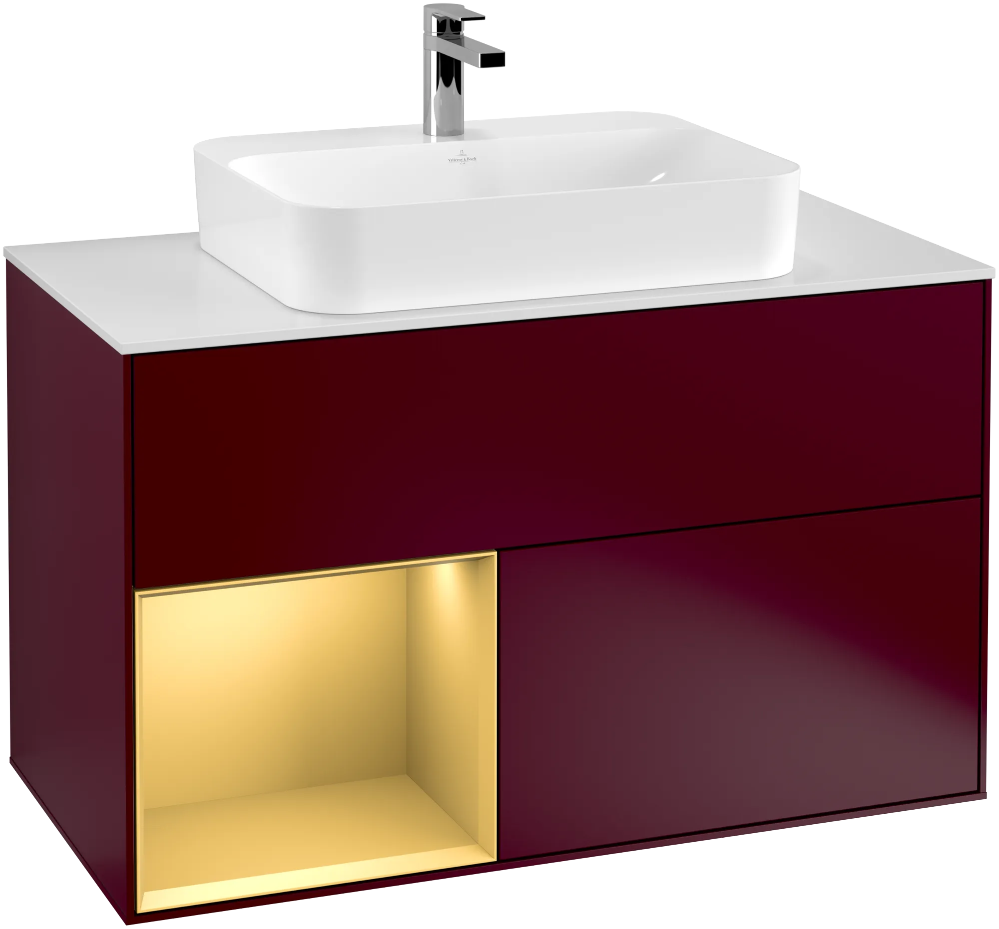 VILLEROY BOCH Toaletní skříňka Finion, s osvětlením, 2 výsuvy, 1000 x 603 x 501 mm, Peony Matt Lacquer / Gold Matt Lacquer / Glass White Matt #F361HFHB