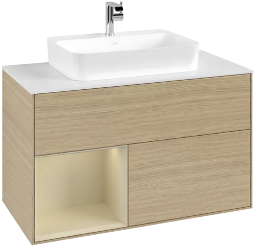 VILLEROY BOCH Toaletní stolek Finion, s osvětlením, 2 výsuvy, 1000 x 603 x 501 mm, dubová dýha / hedvábně šedý matný lak / sklo bílé matné #F361HJPC
