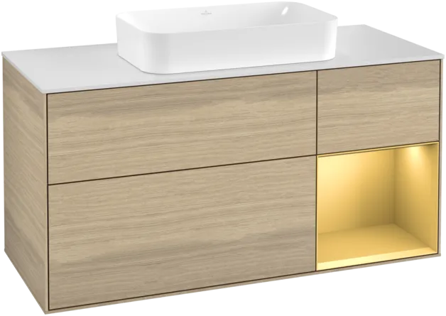 VILLEROY BOCH Toaletní skříňka Finion, s osvětlením, 3 výsuvy, 1200 x 603 x 501 mm, dubová dýha / zlatý matný lak / sklo bílé matné #F301HFPC