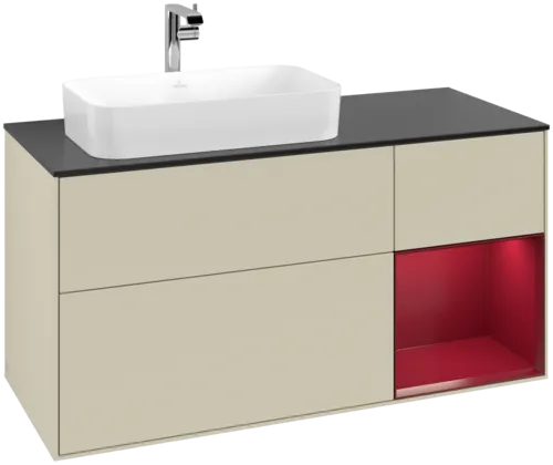 VILLEROY BOCH Toaletní skříňka Finion, s osvětlením, 3 výsuvy, 1200 x 603 x 501 mm, Silk Grey Matt Lacquer / Peony Matt Lacquer / Glass Black Matt #F282HBHJ