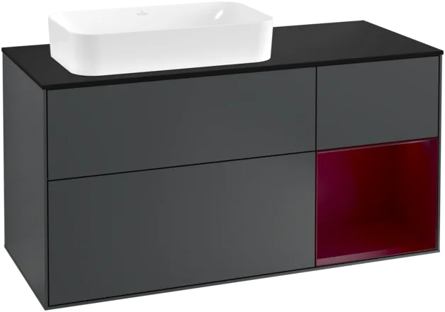 VILLEROY BOCH Toaletní skříňka Finion, s osvětlením, 3 výsuvy, 1200 x 603 x 501 mm, Midnight Blue Matt Lacquer / Peony Matt Lacquer / Glass Black Matt #F282HBHG