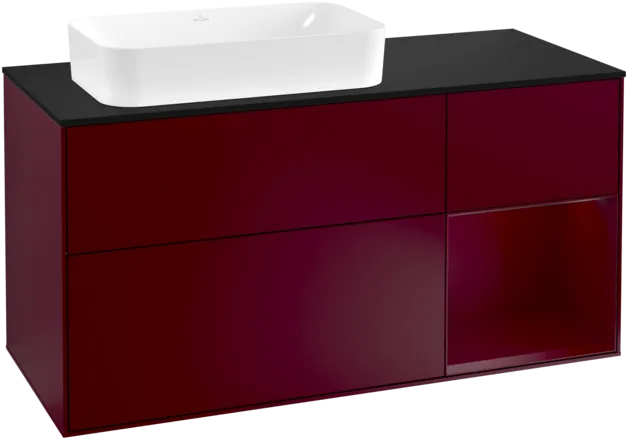 VILLEROY BOCH Toaletní skříňka Finion, s osvětlením, 3 výsuvy, 1200 x 603 x 501 mm, Peony Matt Lacquer / Peony Matt Lacquer / Glass Black Matt #F282HBHB