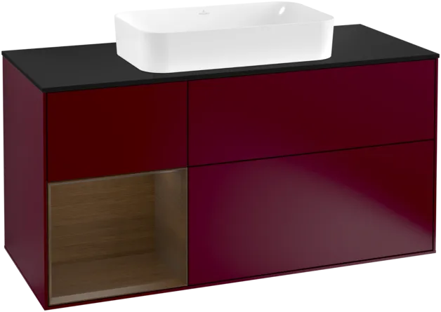 VILLEROY BOCH Toaletní skříňka Finion, s osvětlením, 3 výsuvy, 1200 x 603 x 501 mm, matný lak Peony / ořechová dýha / černé matné sklo #F292GNHB