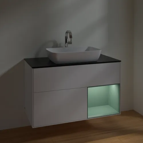 VILLEROY BOCH Toaletní skříňka Finion, s osvětlením, 2 výsuvy, 1000 x 603 x 501 mm, bílý matný lak / olivový matný lak / černé matné sklo #F782GMMT, obrázek 5