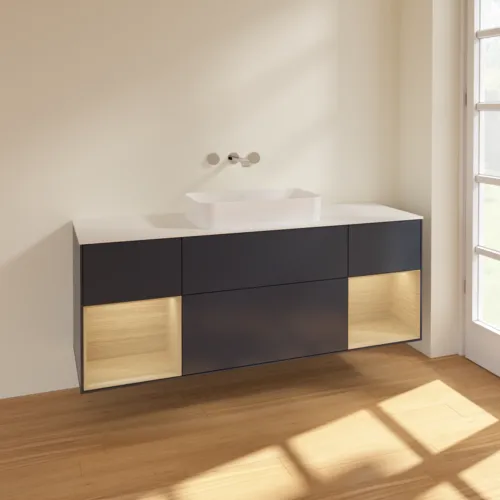 VILLEROY BOCH Toaletní skříňka Finion, s osvětlením, 4 výsuvy, 1600 x 603 x 501 mm, matný lak Midnight Blue / dubová dýha / matné bílé sklo #F741PCHG, obrázek 2