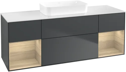 VILLEROY BOCH Toaletní skříňka Finion, s osvětlením, 4 výsuvy, 1600 x 603 x 501 mm, matný lak Midnight Blue / dubová dýha / matné bílé sklo #F741PCHG
