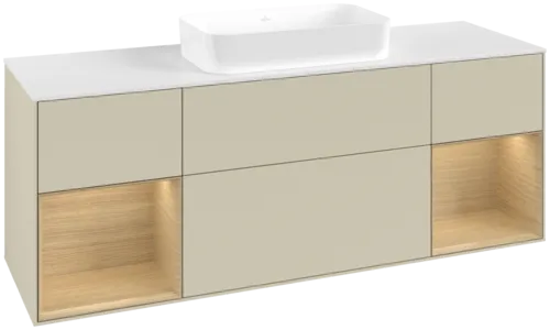 VILLEROY BOCH Toaletní skříňka Finion, s osvětlením, 4 výsuvy, 1600 x 603 x 501 mm, hedvábně šedý matný lak / dubová dýha / sklo bílé matné #F741PCHJ