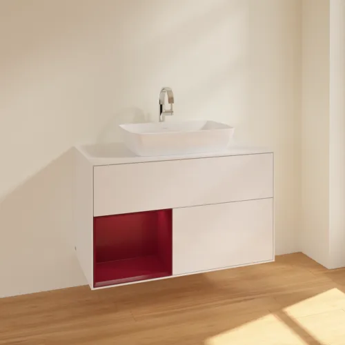 VILLEROY BOCH Toaletní skříňka Finion, s osvětlením, 2 výsuvy, 1000 x 603 x 501 mm, lesklý bílý lak / matný lak Pivoňka / matné bílé sklo #F771HBGF, obrázek 2
