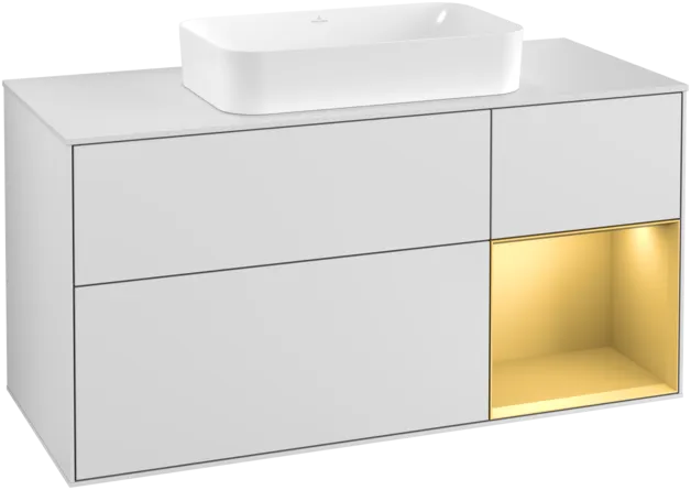 VILLEROY BOCH Toaletní skříňka Finion, s osvětlením, 3 výsuvy, 1200 x 603 x 501 mm, bílý matný lak / zlatý matný lak / bílé matné sklo #F301HFMT