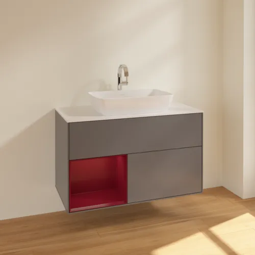 VILLEROY BOCH Toaletní skříňka Finion, s osvětlením, 2 výsuvy, 1000 x 603 x 501 mm, antracit matný lak / pivoňka matný lak / sklo bílé matné #F771HBGK, obrázek 2