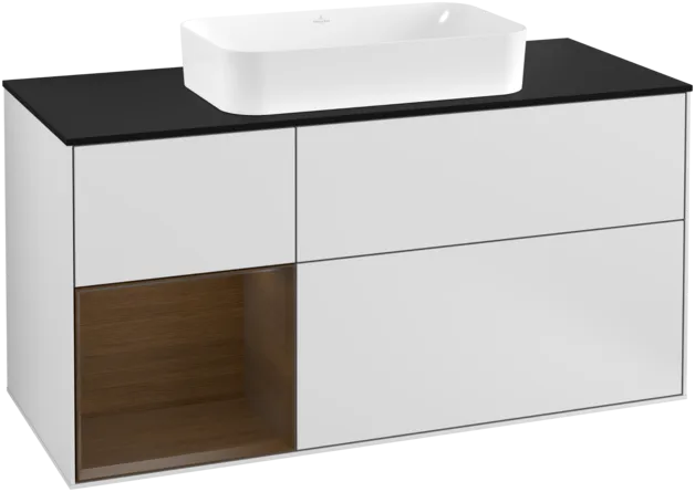 VILLEROY BOCH Toaletní skříňka Finion, s osvětlením, 3 výsuvy, 1200 x 603 x 501 mm, bílý matný lak / ořechová dýha / černé matné sklo #F292GNMT