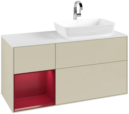VILLEROY BOCH Toaletní skříňka Finion, s osvětlením, 3 výsuvy, 1200 x 603 x 501 mm, Silk Grey Matt Lacquer / Peony Matt Lacquer / Glass White Matt #F801HBHJ