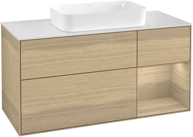 VILLEROY BOCH Toaletní skříňka Finion, s osvětlením, 3 výsuvy, 1200 x 603 x 501 mm, dubová dýha / dubová dýha / sklo bílé matné #F301PCPC