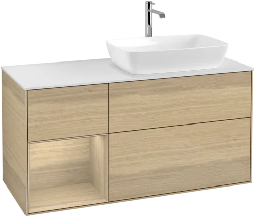 VILLEROY BOCH Toaletní skříňka Finion, s osvětlením, 3 výsuvy, 1200 x 603 x 501 mm, dubová dýha / dubová dýha / sklo bílé matné #F801PCPC