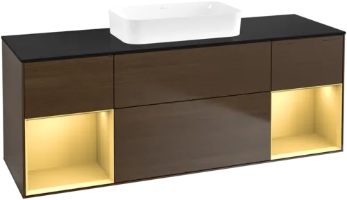 VILLEROY BOCH Toaletní skříňka Finion, s osvětlením, 4 výsuvy, 1600 x 603 x 501 mm, ořechová dýha / zlatý matný lak / sklo černé matné #F742HFGN