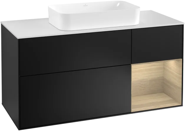 VILLEROY BOCH Toaletní skříňka Finion, s osvětlením, 3 výsuvy, 1200 x 603 x 501 mm, černý matný lak / dubová dýha / sklo bílé matné #F301PCPD