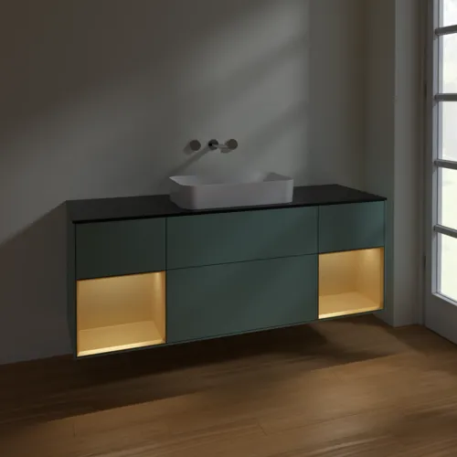 VILLEROY BOCH Toaletní skříňka Finion, s osvětlením, 4 výsuvy, 1600 x 603 x 501 mm, olivový matný lak / zlatý matný lak / černé matné sklo #F742HFGM, obrázek 5